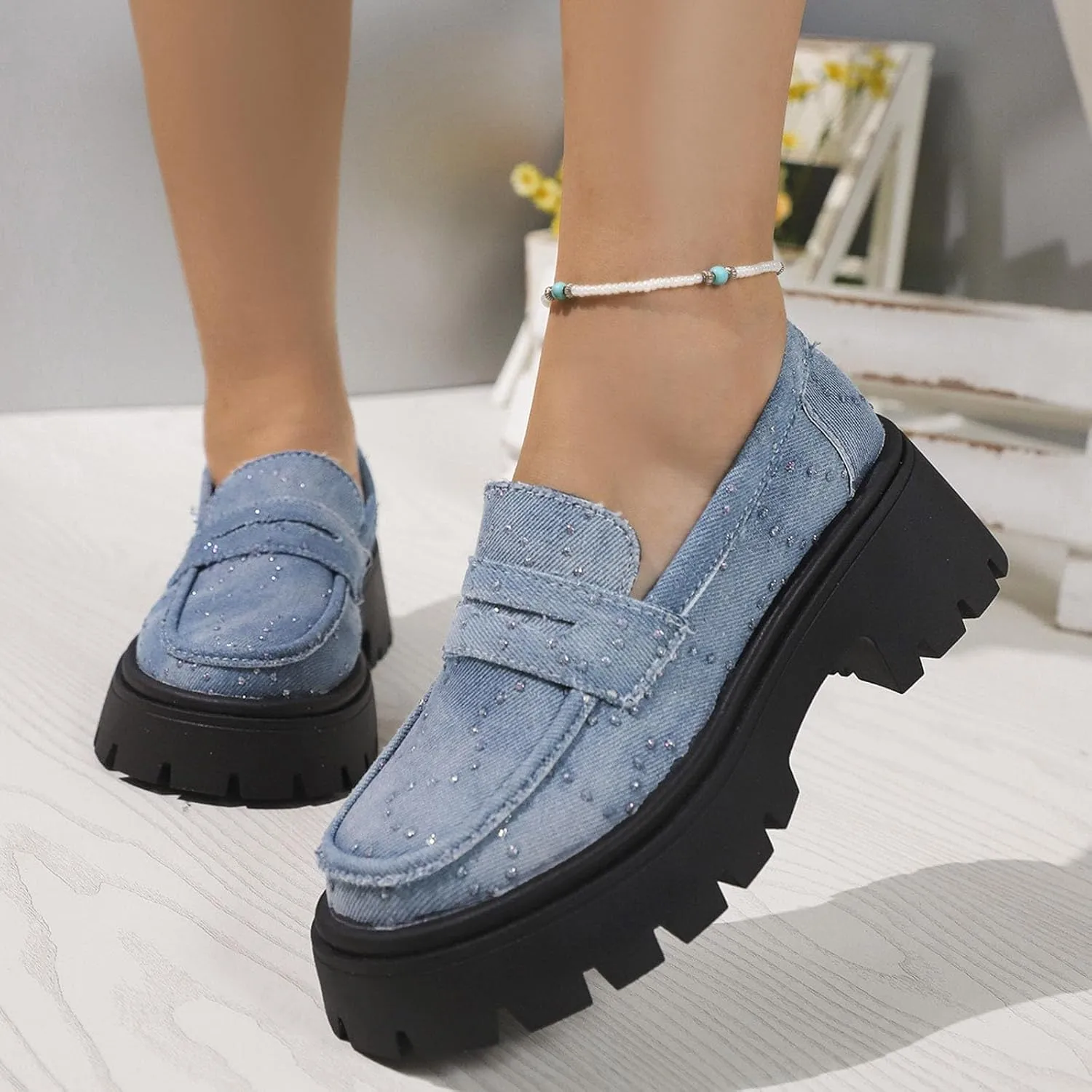 Womens Penny Loafers Wide Width,Fashion Denim Casual Shoes Platform Chunky Loafers Shoes Slip On Dress Shoes for Work