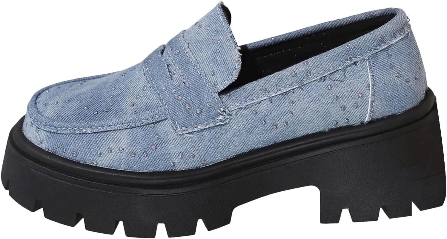 Womens Penny Loafers Wide Width,Fashion Denim Casual Shoes Platform Chunky Loafers Shoes Slip On Dress Shoes for Work