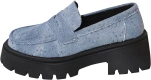 Womens Penny Loafers Wide Width,Fashion Denim Casual Shoes Platform Chunky Loafers Shoes Slip On Dress Shoes for Work