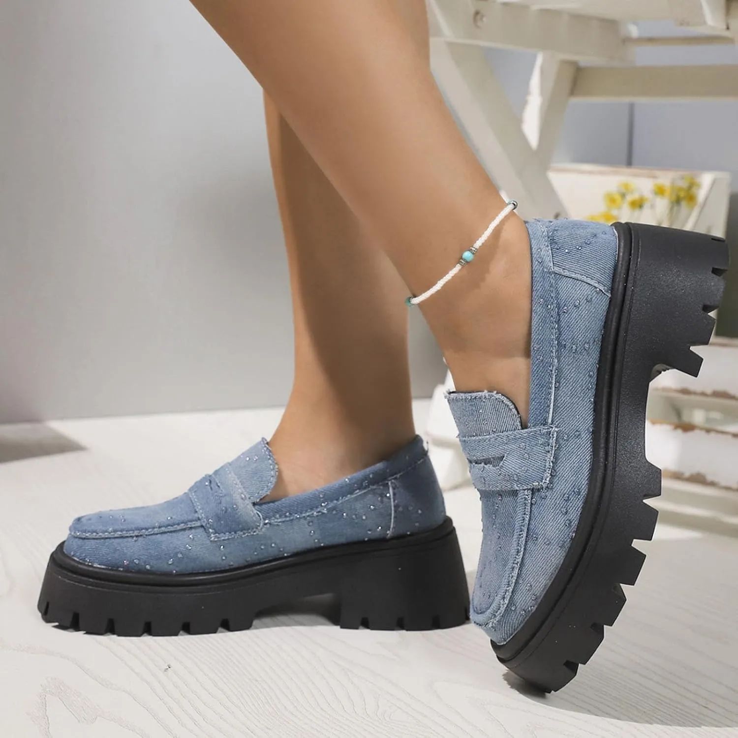 Womens Penny Loafers Wide Width,Fashion Denim Casual Shoes Platform Chunky Loafers Shoes Slip On Dress Shoes for Work