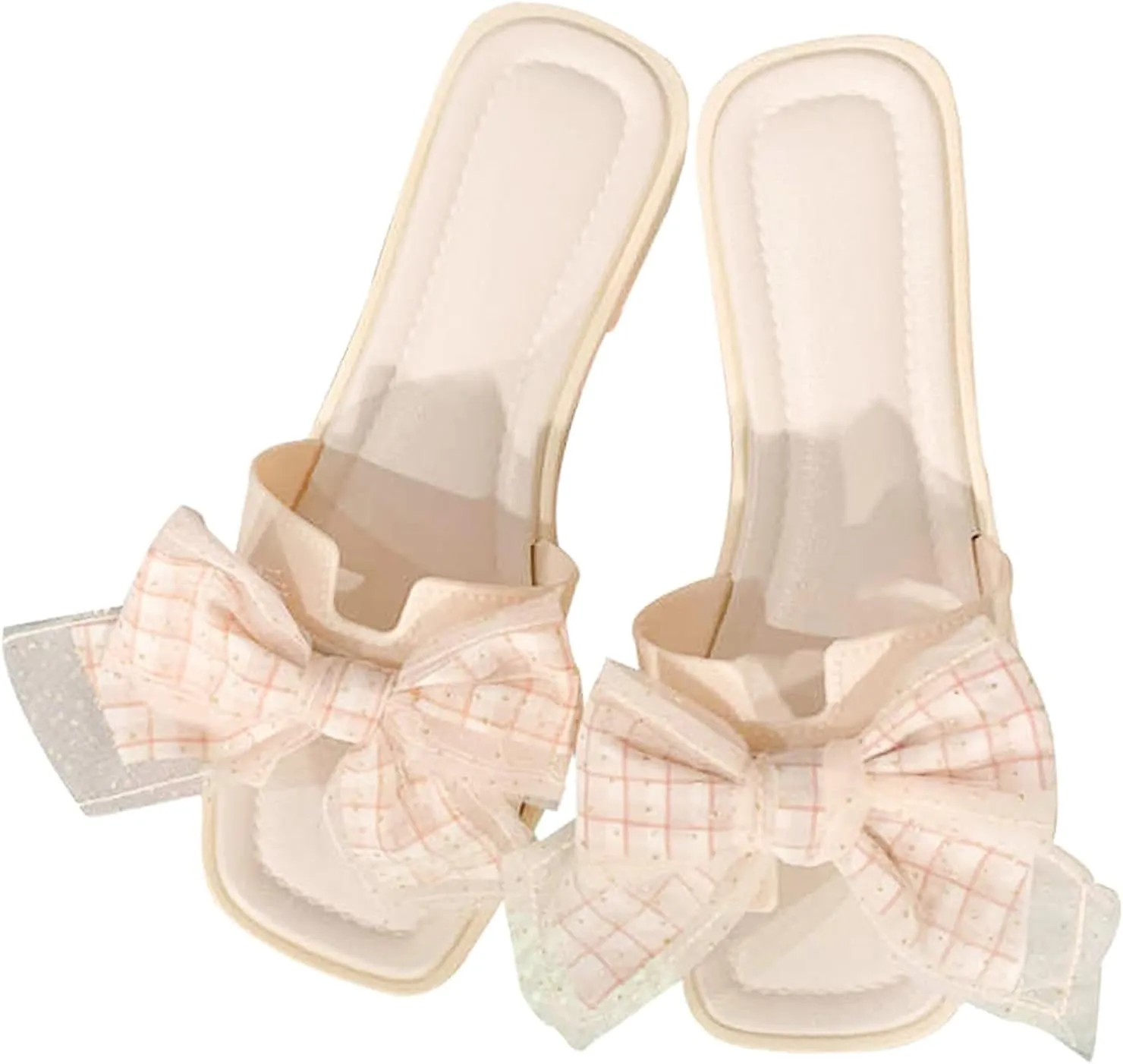 Women's Pink Bow Sandals, Mesh Gingham Butterfly Knot Flat for Vacation Summer Beach Casual Outfit with Non-Slip Sole