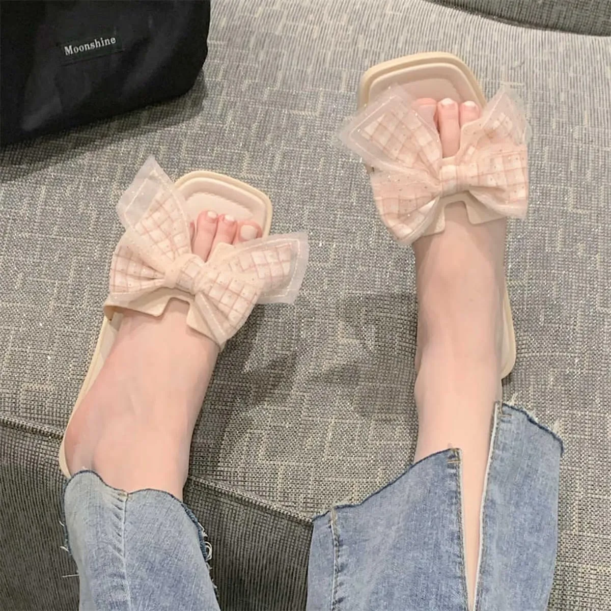 Women's Pink Bow Sandals, Mesh Gingham Butterfly Knot Flat for Vacation Summer Beach Casual Outfit with Non-Slip Sole
