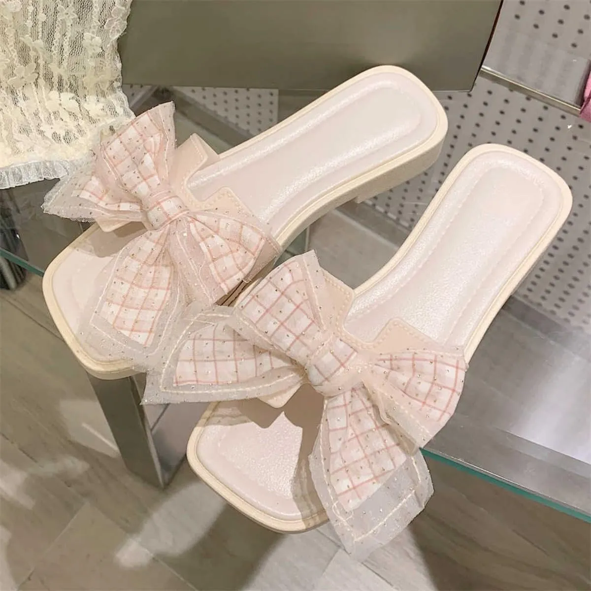 Women's Pink Bow Sandals, Mesh Gingham Butterfly Knot Flat for Vacation Summer Beach Casual Outfit with Non-Slip Sole
