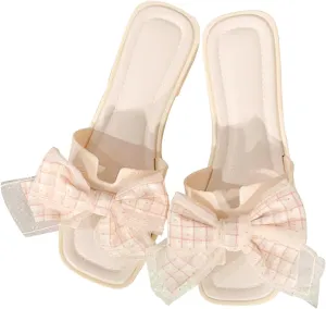 Women's Pink Bow Sandals, Mesh Gingham Butterfly Knot Flat for Vacation Summer Beach Casual Outfit with Non-Slip Sole