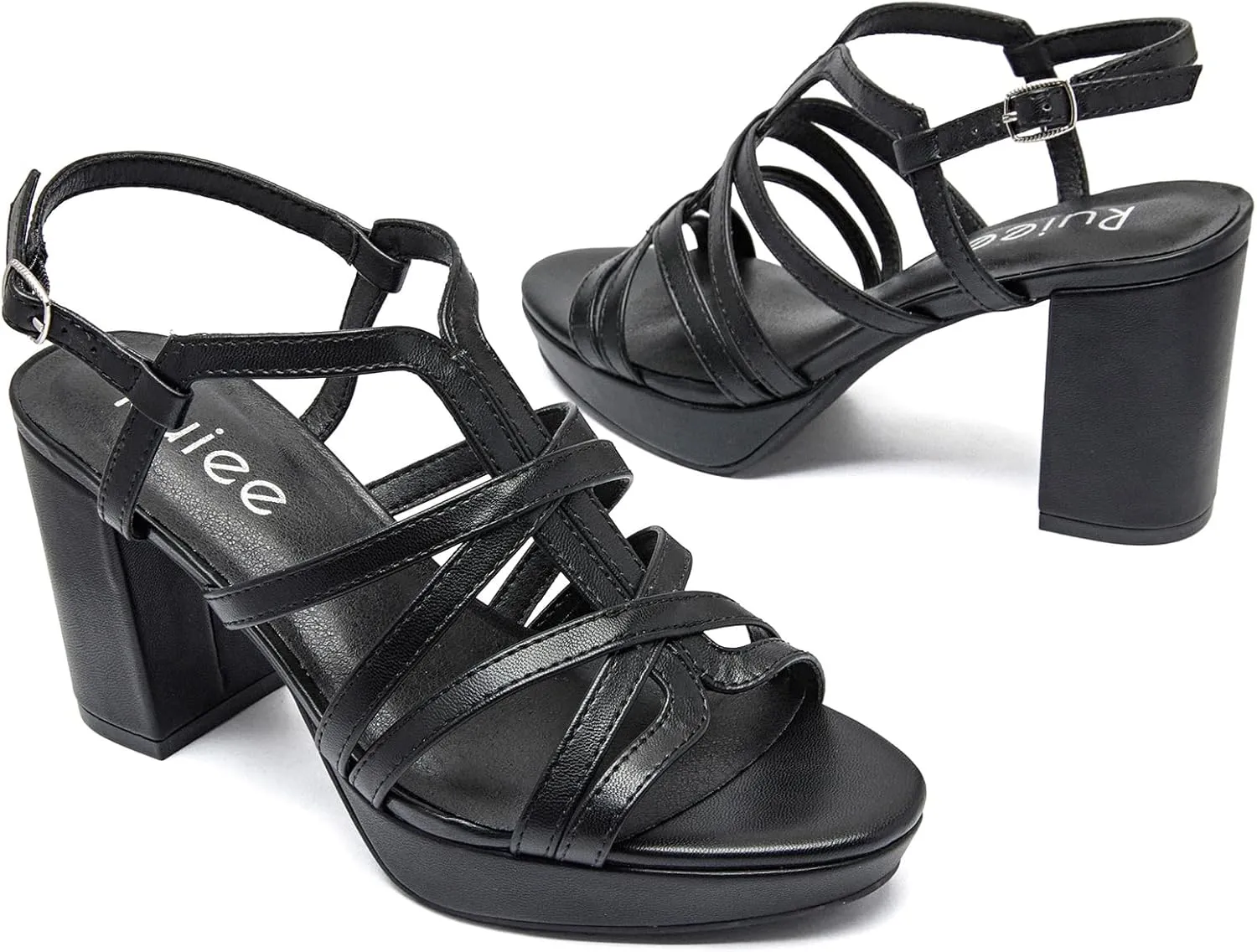 Women's Platform Heels Chunky Heeled Sandals, Ankle Strappy Round Open Toe Dressy Shoes Wedding Party High Pump Heels for Women.