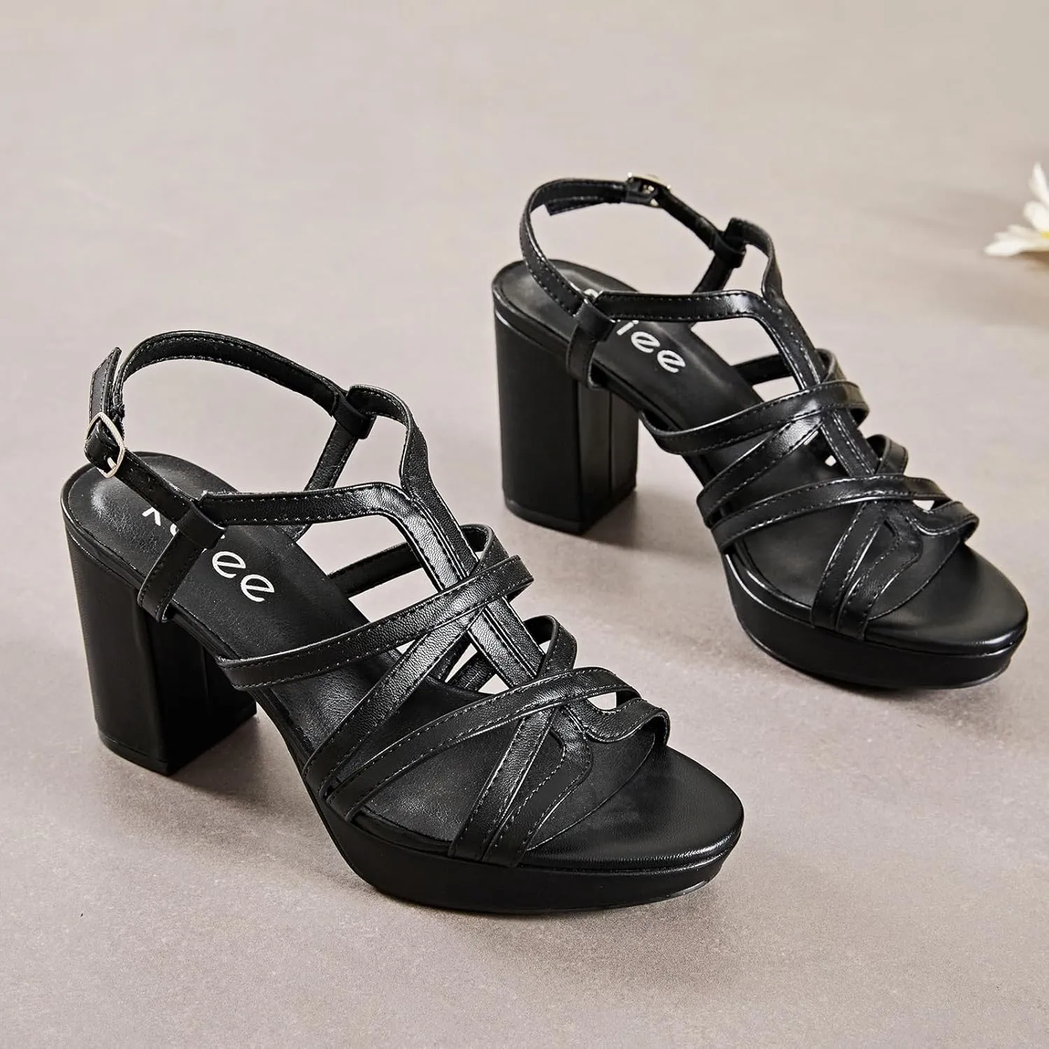 Women's Platform Heels Chunky Heeled Sandals, Ankle Strappy Round Open Toe Dressy Shoes Wedding Party High Pump Heels for Women.