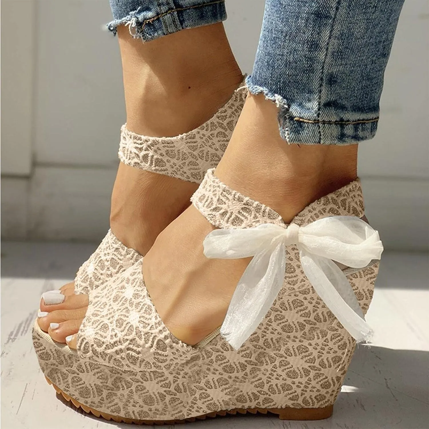 Women's Platform Sandals Wedge Open Toe Ankle Strap Lace Wedding Bridesmaid Shoes Casual Rhinestone Low Heel Close Toe