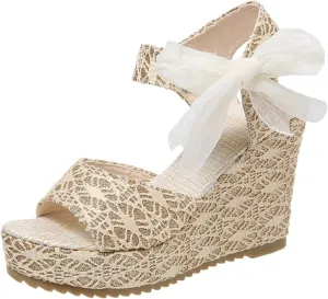 Women's Platform Sandals Wedge Open Toe Ankle Strap Lace Wedding Bridesmaid Shoes Casual Rhinestone Low Heel Close Toe