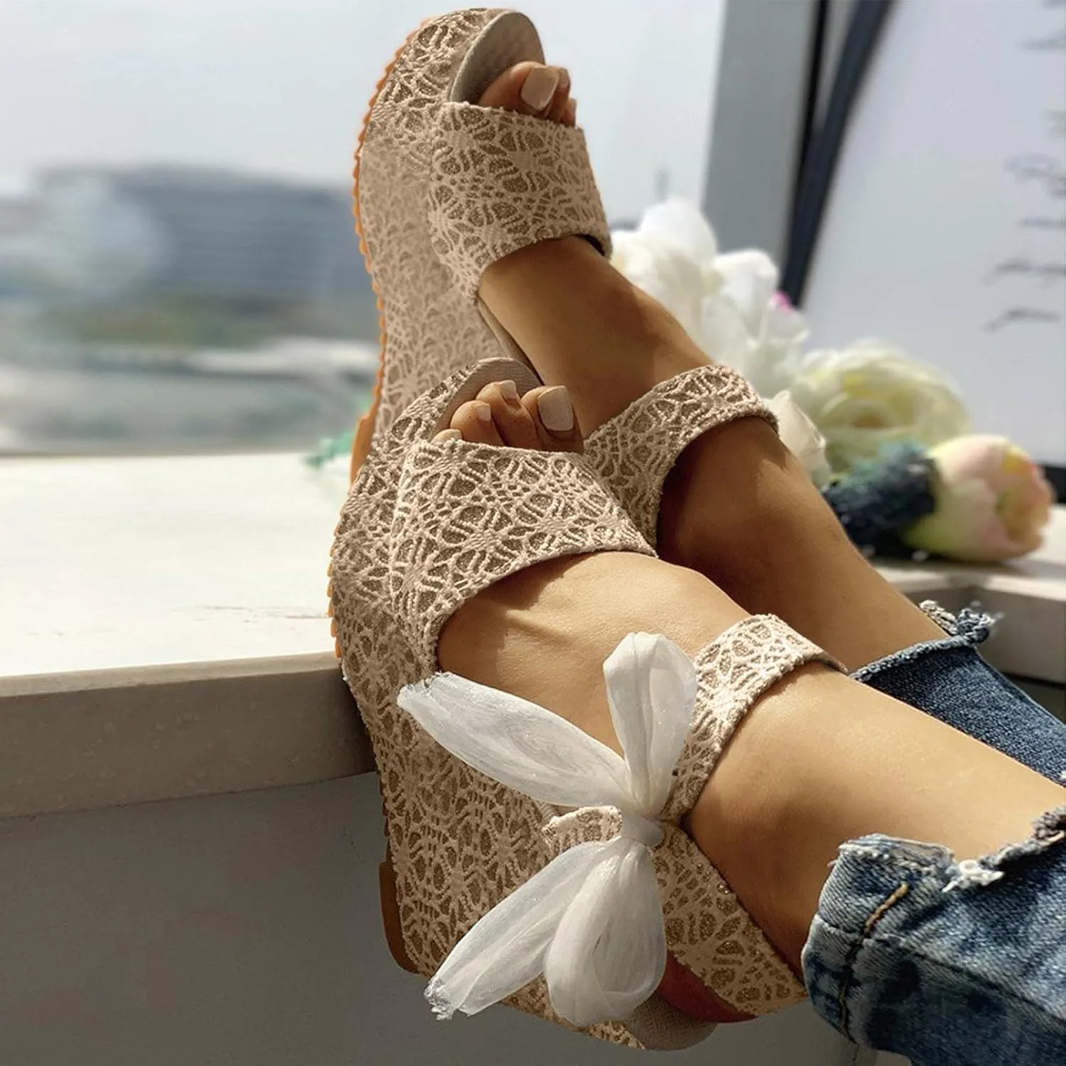 Women's Platform Sandals Wedge Open Toe Ankle Strap Lace Wedding Bridesmaid Shoes Casual Rhinestone Low Heel Close Toe