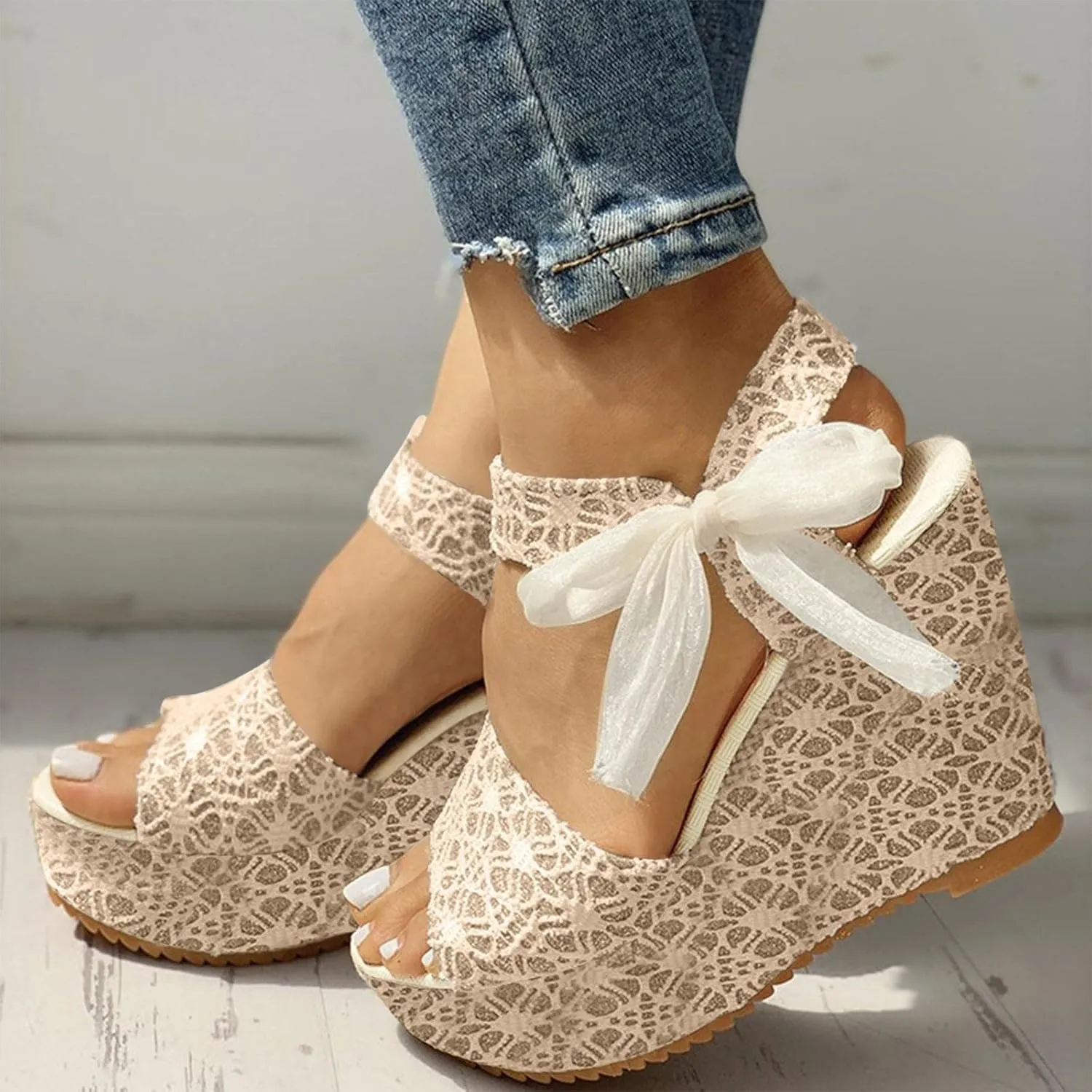 Women's Platform Sandals Wedge Open Toe Ankle Strap Lace Wedding Bridesmaid Shoes Casual Rhinestone Low Heel Close Toe