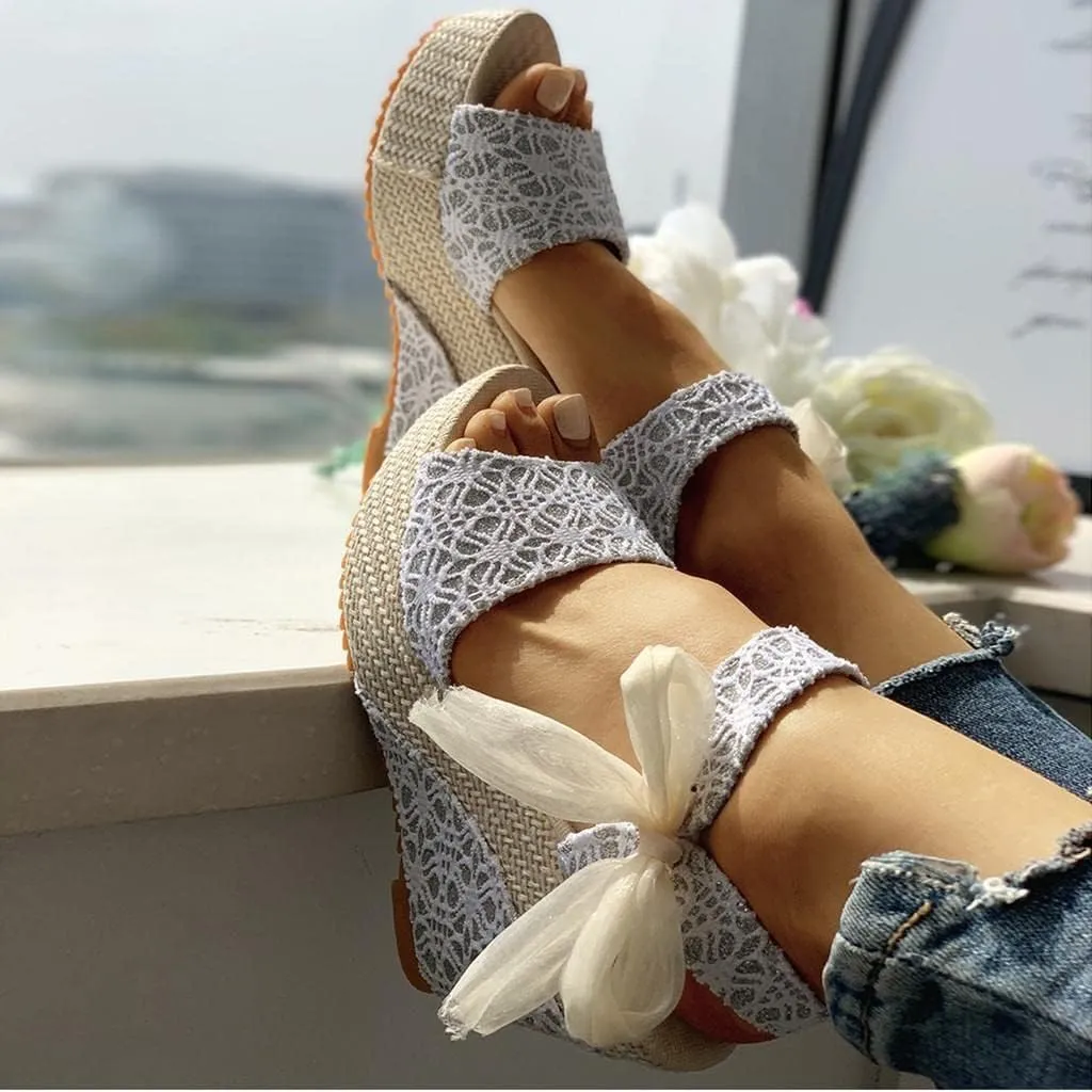 Women's Platform Sandals Wedge Open Toe Ankle Strap Lace Wedding Bridesmaid Shoes Summer Comfortable Rhinestone Casual Dressy