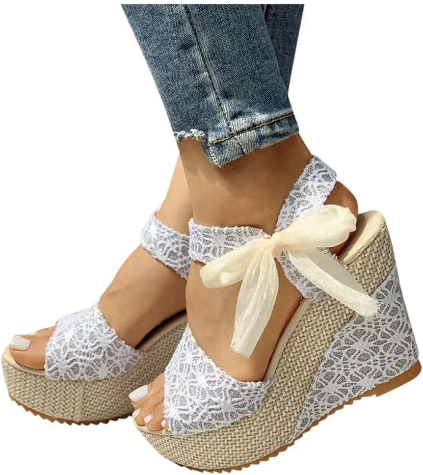 Women's Platform Sandals Wedge Open Toe Ankle Strap Lace Wedding Bridesmaid Shoes Summer Comfortable Rhinestone Casual Dressy
