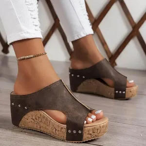 Women's Platform Wedge Sandals Open Toe Slip On Slides Cork Heeled Cutout Comfortable Slide Sandals Casual Dressy Summer Shoes