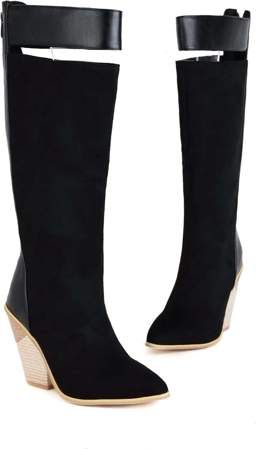 Women's Pointed Toe Chunky Heels Knee High Boots Chain Punk Boots
