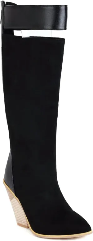Women's Pointed Toe Chunky Heels Knee High Boots Chain Punk Boots