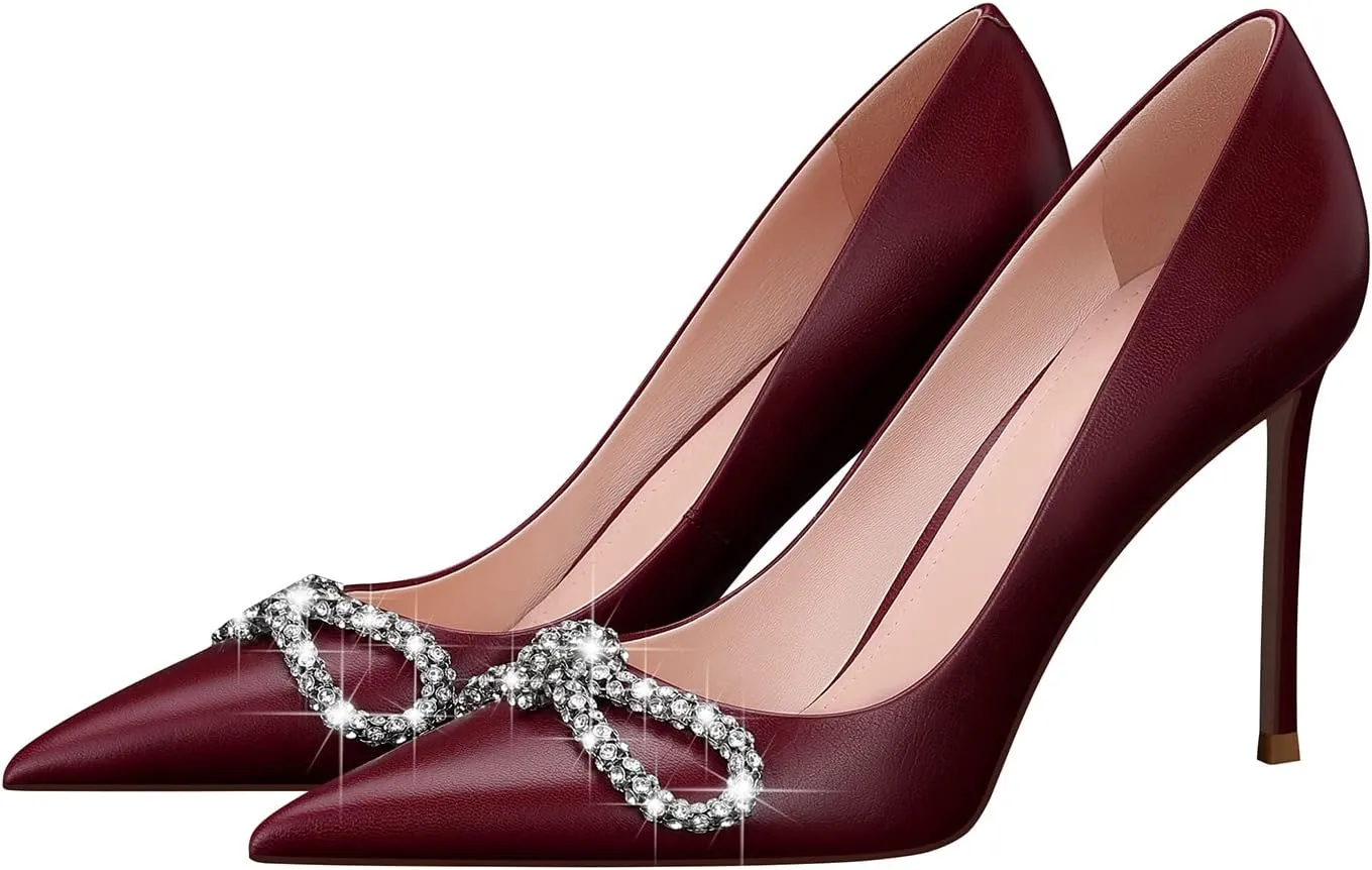 Womens Pointed Toe Heels Pumps,3.74Inch Sheepskin Leather Stiletto Bridal Party Dress Evening Wedding High Heel Shoes