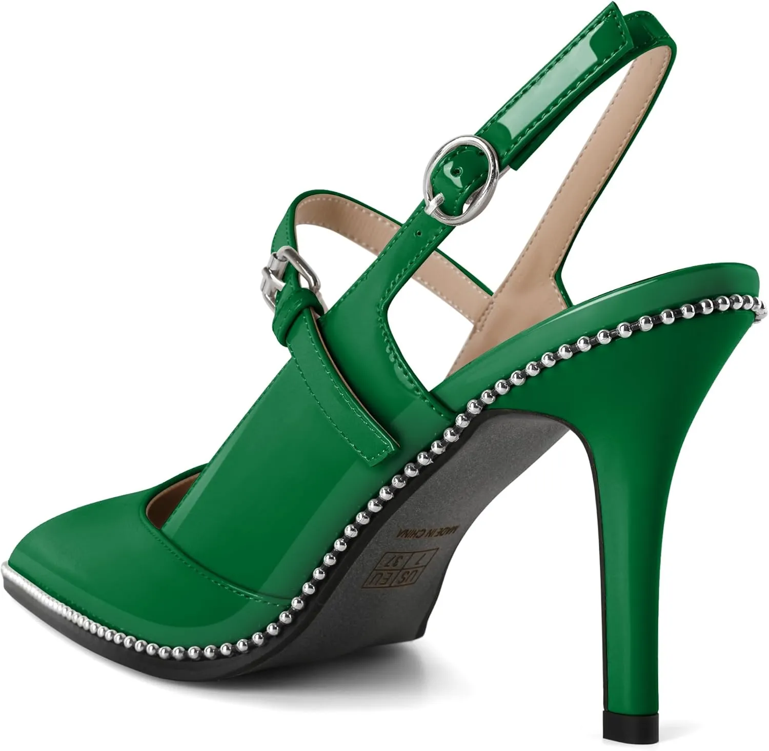 Women's Pointed Toe Mary Jane Pumps High Heels with Slingback Ankle Strap Beaded Heels 3.5 Inch Pumps Shoes