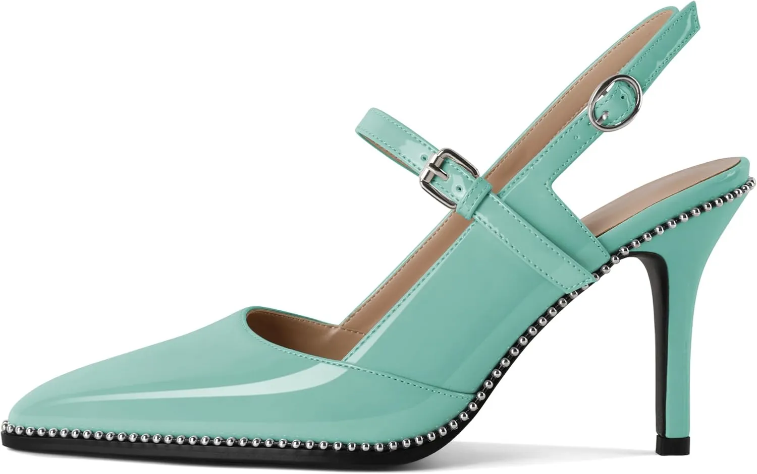 Women's Pointed Toe Mary Jane Pumps High Heels with Slingback Ankle Strap Beaded Heels 3.5 Inch Pumps Shoes
