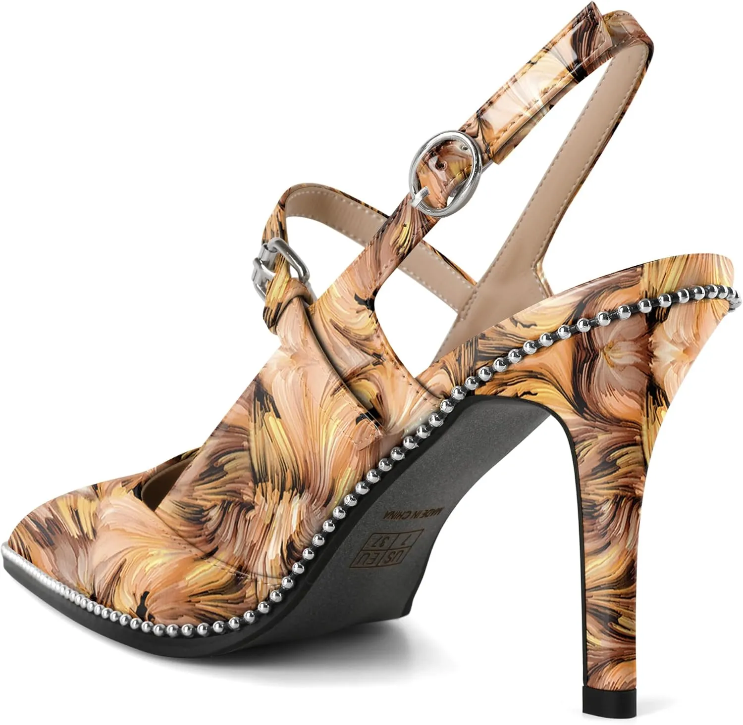 Women's Pointed Toe Mary Jane Pumps High Heels with Slingback Ankle Strap Beaded Heels 3.5 Inch Pumps Shoes