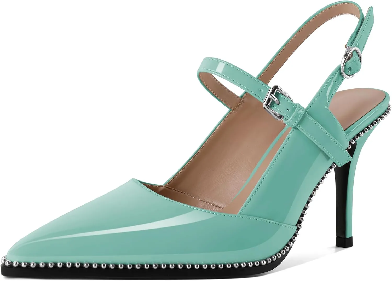 Women's Pointed Toe Mary Jane Pumps High Heels with Slingback Ankle Strap Beaded Heels 3.5 Inch Pumps Shoes