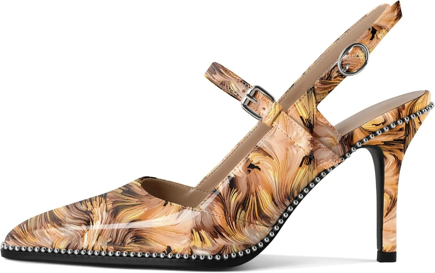 Women's Pointed Toe Mary Jane Pumps High Heels with Slingback Ankle Strap Beaded Heels 3.5 Inch Pumps Shoes