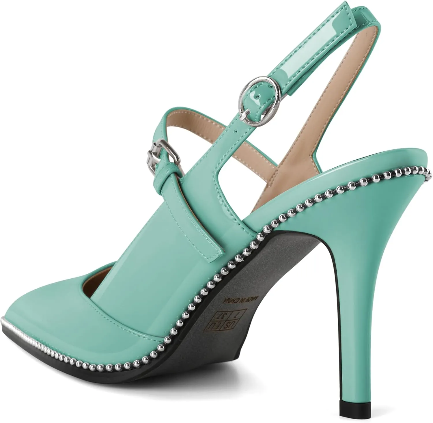 Women's Pointed Toe Mary Jane Pumps High Heels with Slingback Ankle Strap Beaded Heels 3.5 Inch Pumps Shoes