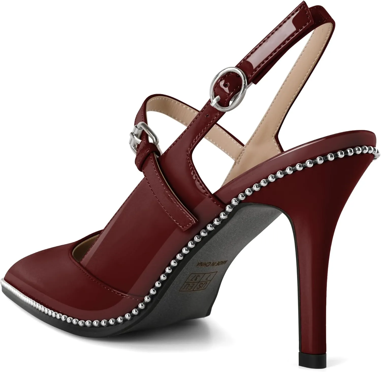 Women's Pointed Toe Mary Jane Pumps High Heels with Slingback Ankle Strap Beaded Heels 3.5 Inch Pumps Shoes