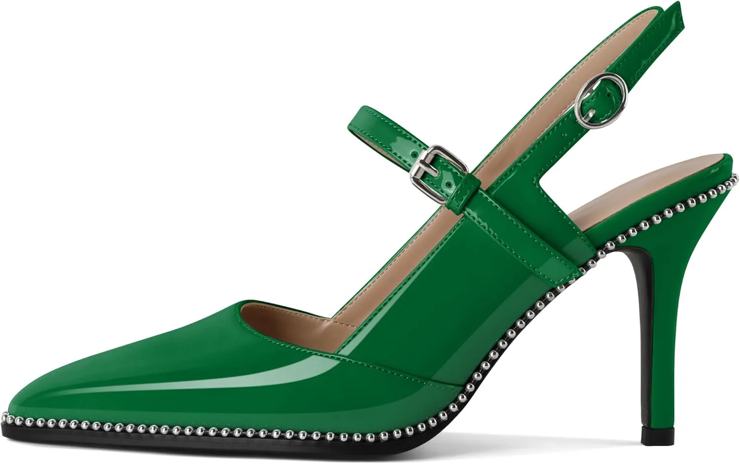 Women's Pointed Toe Mary Jane Pumps High Heels with Slingback Ankle Strap Beaded Heels 3.5 Inch Pumps Shoes