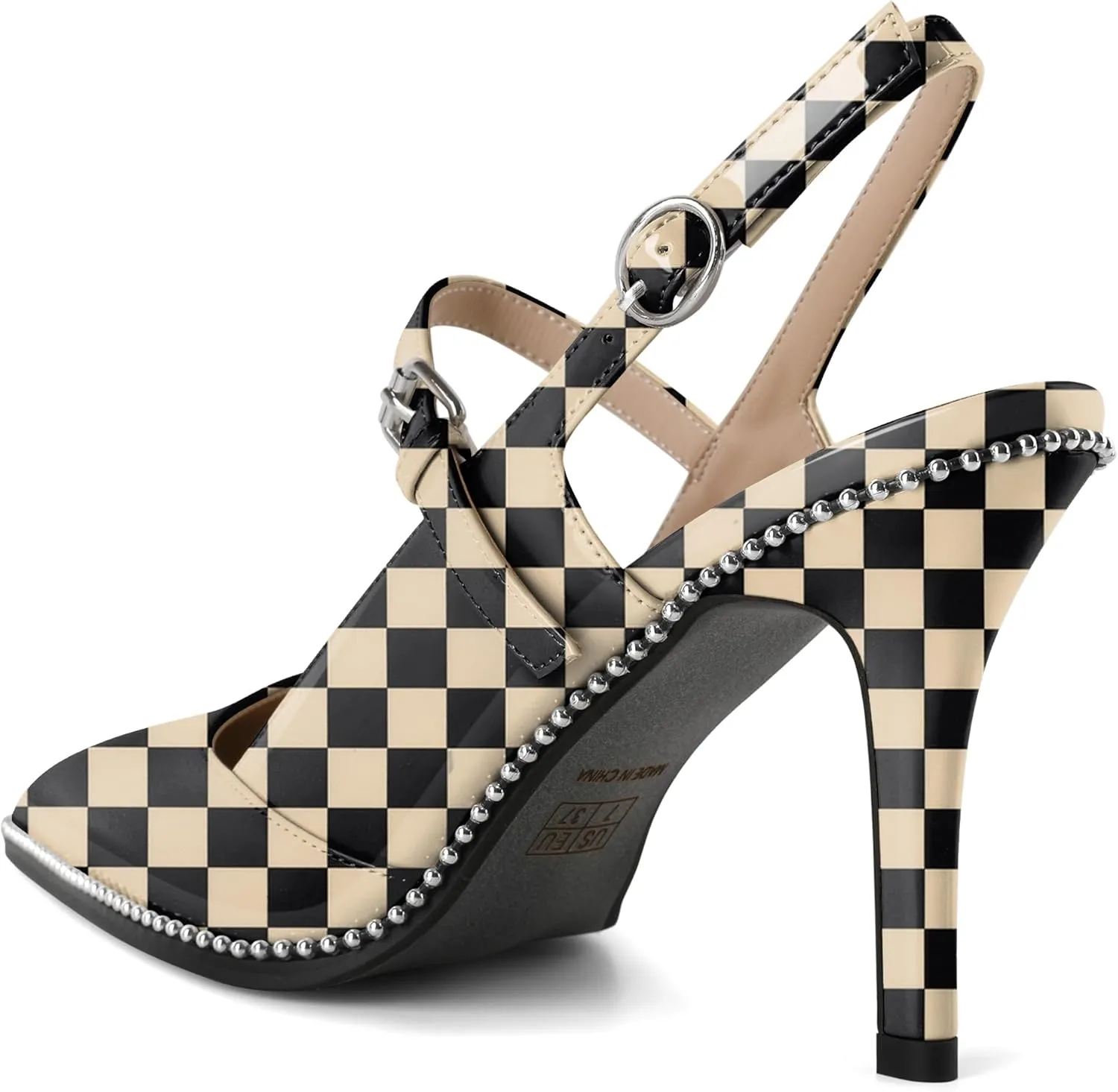 Women's Pointed Toe Mary Jane Pumps High Heels with Slingback Ankle Strap Beaded Heels 3.5 Inch Pumps Shoes