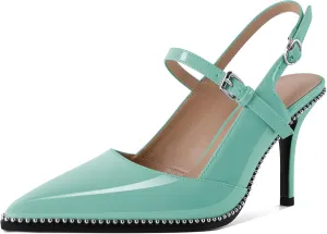 Women's Pointed Toe Mary Jane Pumps High Heels with Slingback Ankle Strap Beaded Heels 3.5 Inch Pumps Shoes