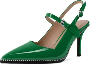 Women's Pointed Toe Mary Jane Pumps High Heels with Slingback Ankle Strap Beaded Heels 3.5 Inch Pumps Shoes