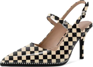 Women's Pointed Toe Mary Jane Pumps High Heels with Slingback Ankle Strap Beaded Heels 3.5 Inch Pumps Shoes