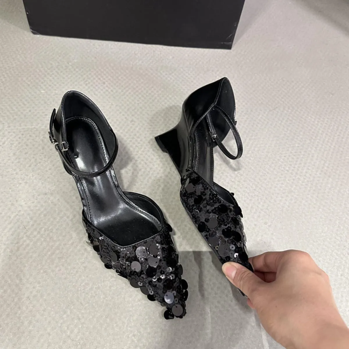 Women's Pointed Toe Sandals Wedge Heel Adjustable Strap Patent Leather Pumps Casual Party Wedding Dressy Shoes with Sequins