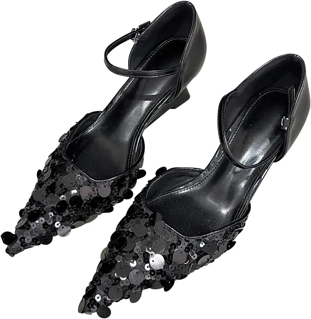 Women's Pointed Toe Sandals Wedge Heel Adjustable Strap Patent Leather Pumps Casual Party Wedding Dressy Shoes with Sequins