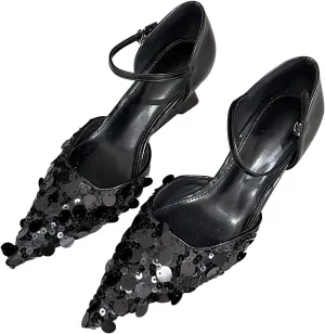 Women's Pointed Toe Sandals Wedge Heel Adjustable Strap Patent Leather Pumps Casual Party Wedding Dressy Shoes with Sequins