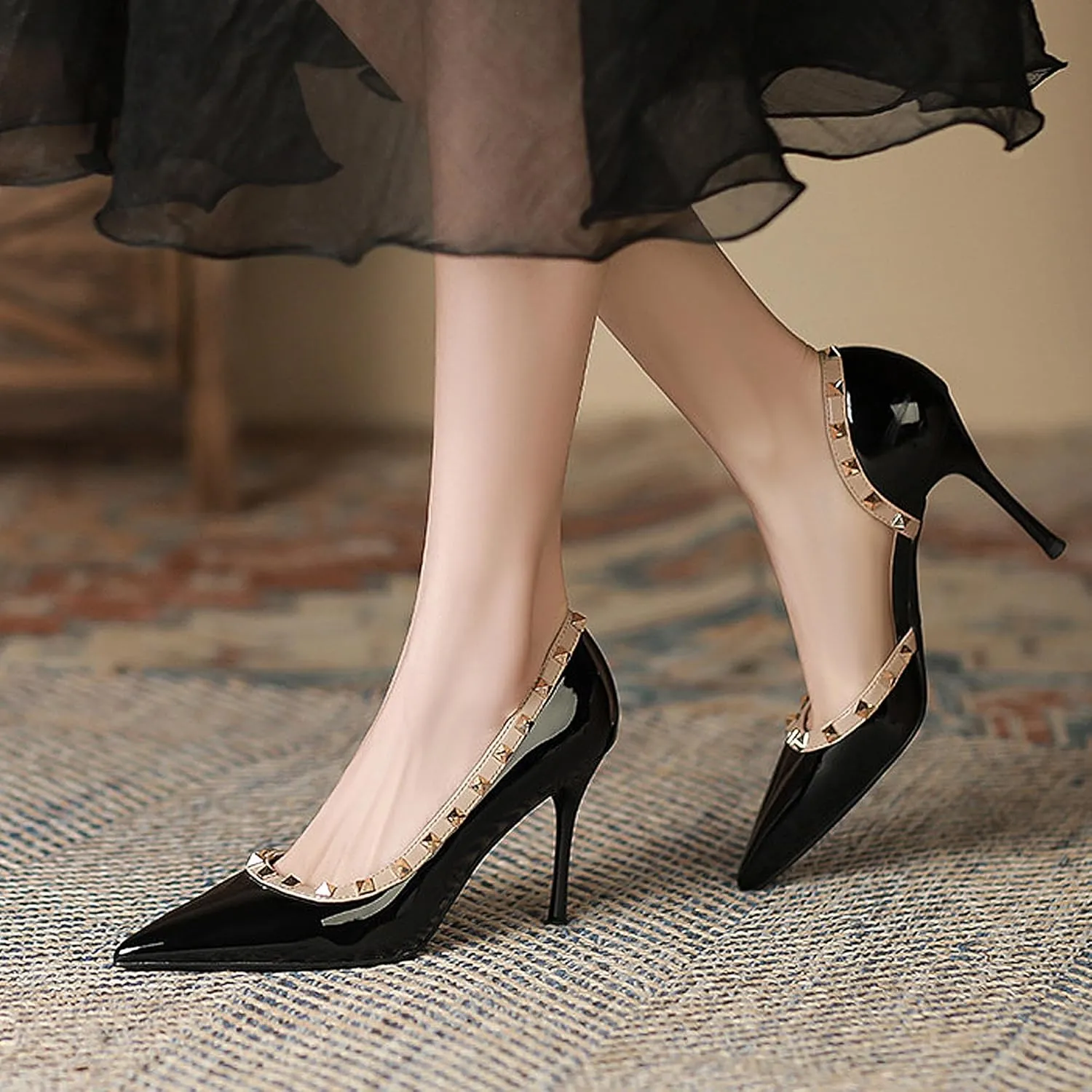 Women's Pointed Toe Shallow Stiletto High Heels Side Slits Rivets Single Shoes Patent Leather Casual Office Wedding Party Banquet Sandals Pumps Stilettos Slingback Heeled