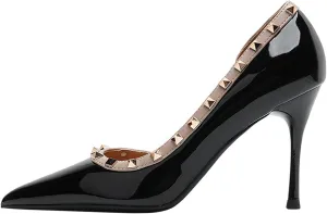 Women's Pointed Toe Shallow Stiletto High Heels Side Slits Rivets Single Shoes Patent Leather Casual Office Wedding Party Banquet Sandals Pumps Stilettos Slingback Heeled