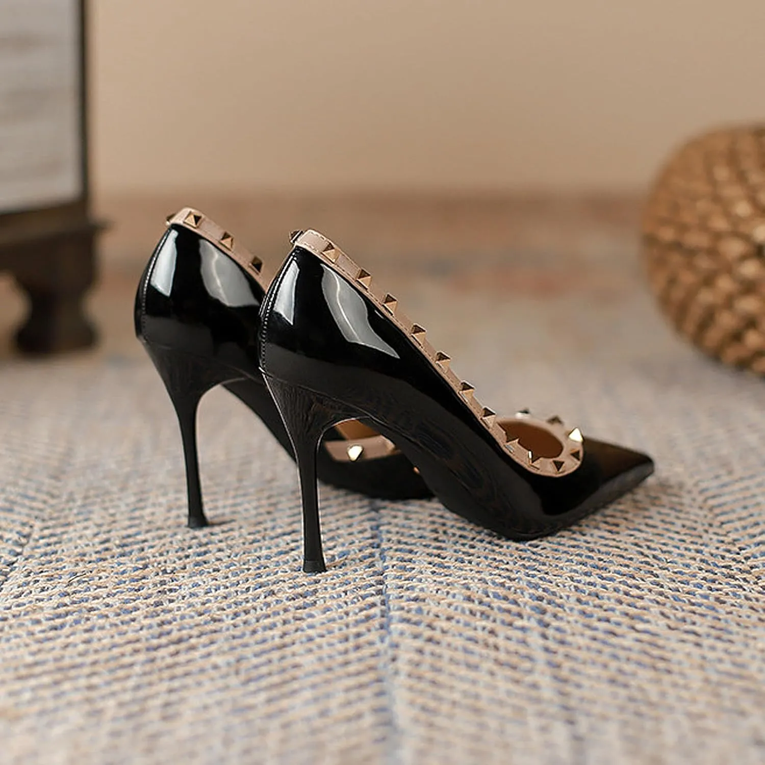 Women's Pointed Toe Shallow Stiletto High Heels Side Slits Rivets Single Shoes Patent Leather Casual Office Wedding Party Banquet Sandals Pumps Stilettos Slingback Heeled