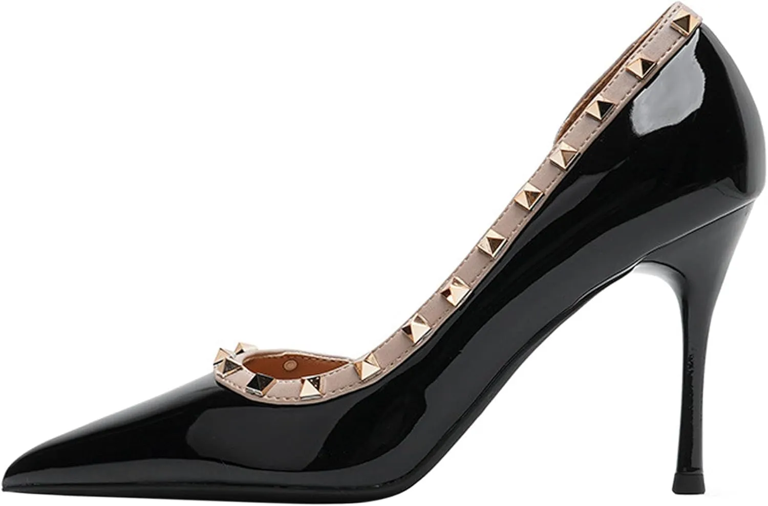 Women's Pointed Toe Shallow Stiletto High Heels Side Slits Rivets Single Shoes Patent Leather Casual Office Wedding Party Banquet Sandals Pumps Stilettos Slingback Heeled