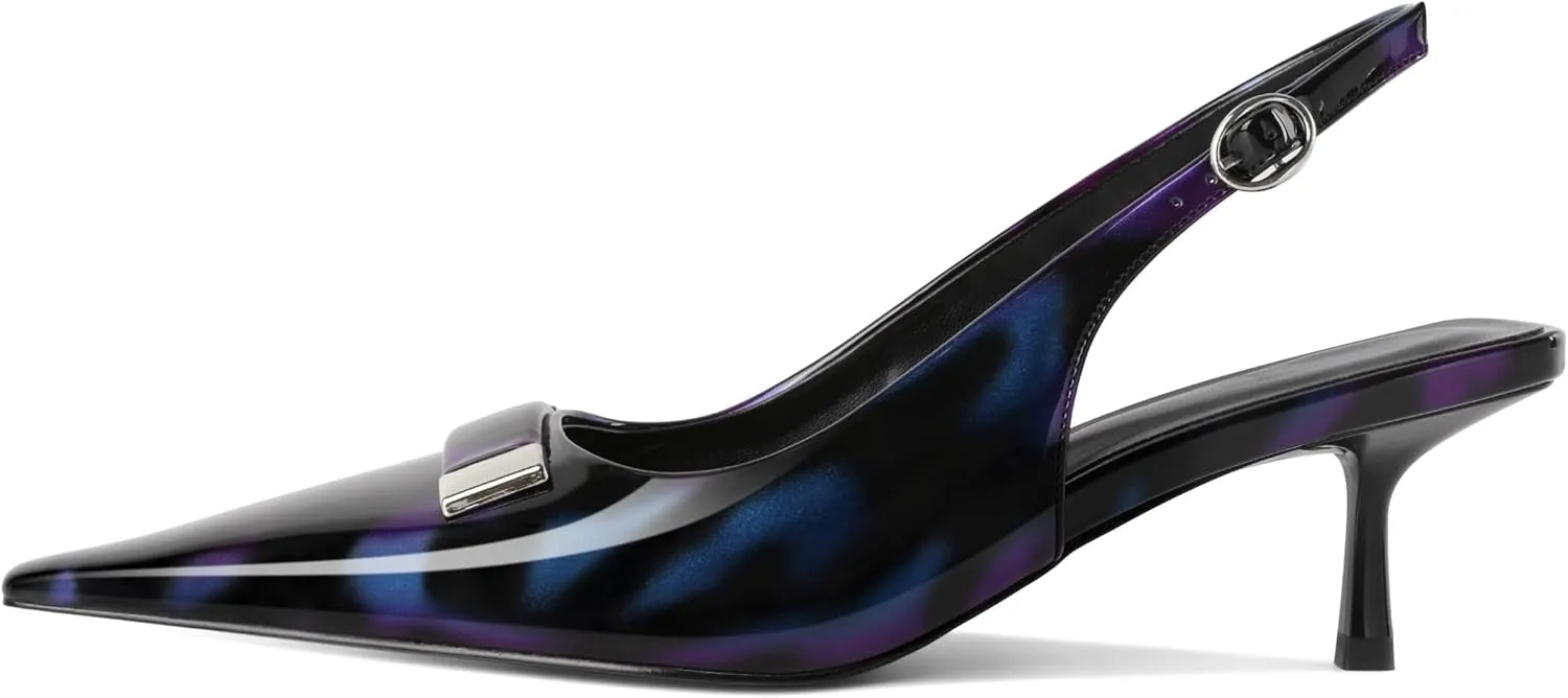 Women's Pointed Toe Slingback Heels Metal Buckle Ankle Strap Kitten Low Heel Pumps 2 Inch Stylish Retro Women Shoes