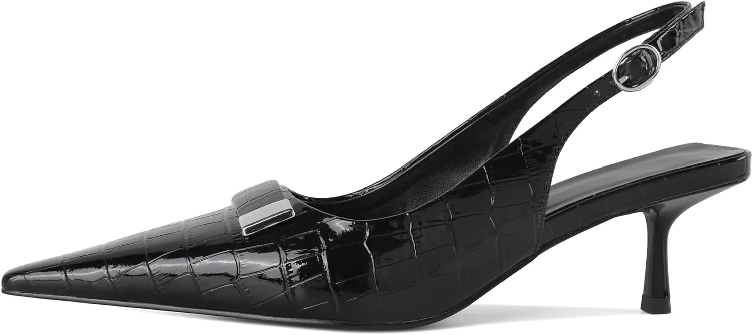 Women's Pointed Toe Slingback Heels Metal Buckle Ankle Strap Kitten Low Heel Pumps 2 Inch Stylish Retro Women Shoes