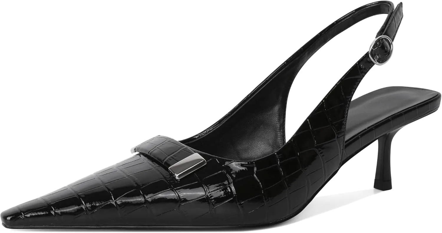 Women's Pointed Toe Slingback Heels Metal Buckle Ankle Strap Kitten Low Heel Pumps 2 Inch Stylish Retro Women Shoes