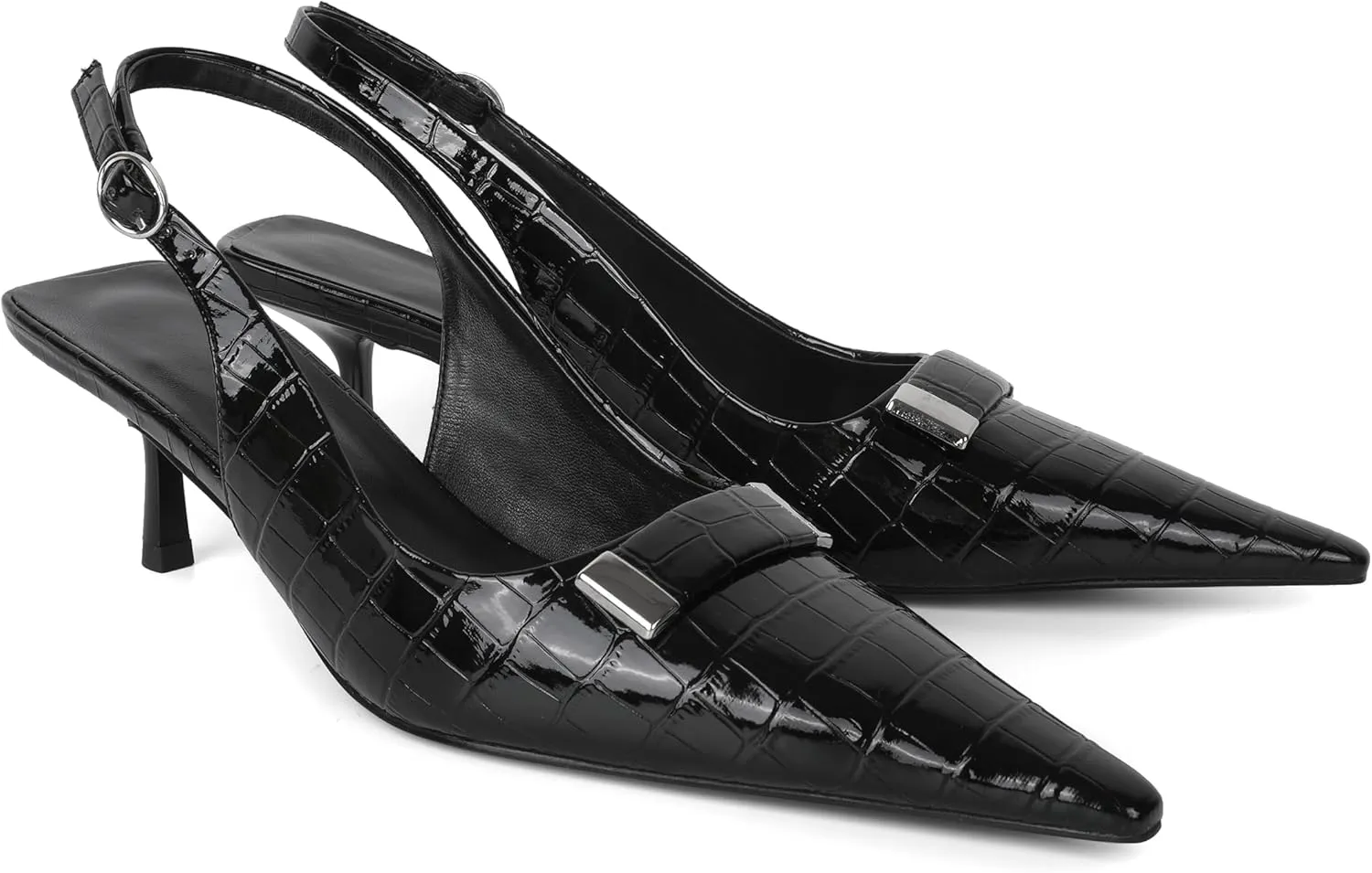 Women's Pointed Toe Slingback Heels Metal Buckle Ankle Strap Kitten Low Heel Pumps 2 Inch Stylish Retro Women Shoes