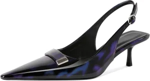 Women's Pointed Toe Slingback Heels Metal Buckle Ankle Strap Kitten Low Heel Pumps 2 Inch Stylish Retro Women Shoes