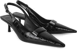 Women's Pointed Toe Slingback Heels Metal Buckle Ankle Strap Kitten Low Heel Pumps 2 Inch Stylish Retro Women Shoes