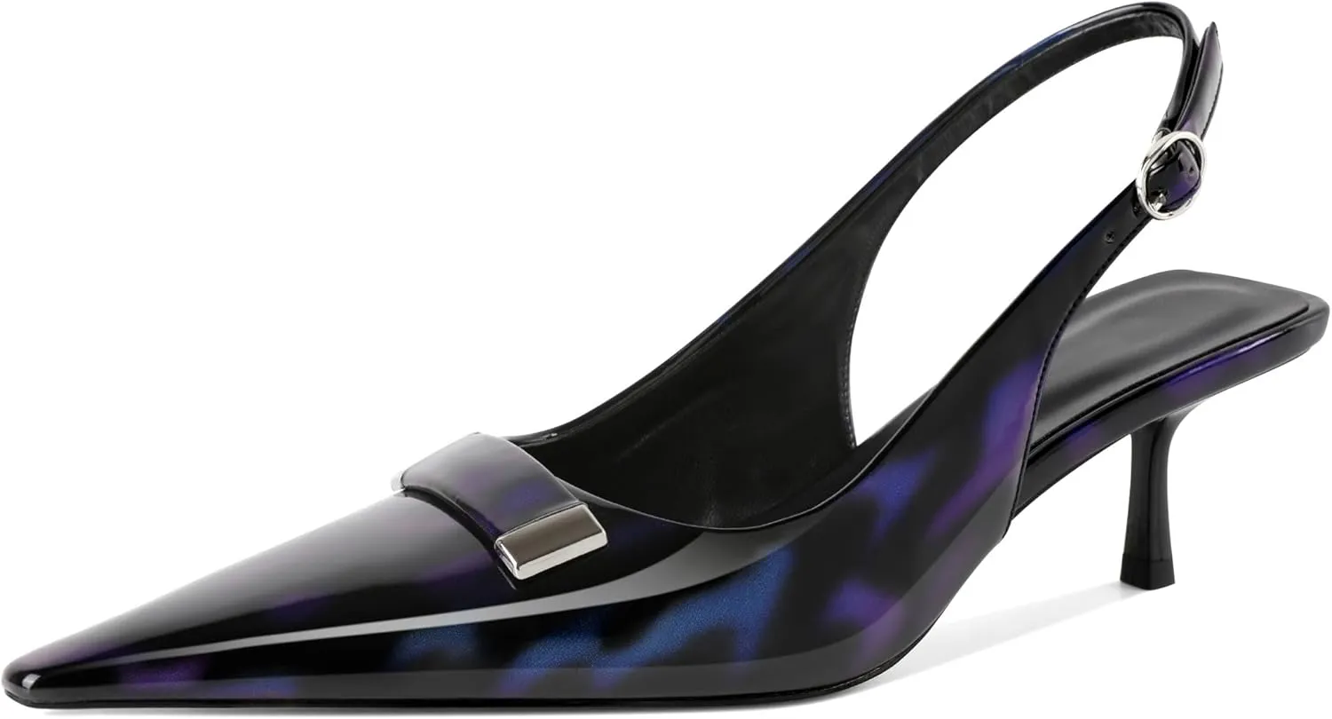 Women's Pointed Toe Slingback Heels Metal Buckle Ankle Strap Kitten Low Heel Pumps 2 Inch Stylish Retro Women Shoes