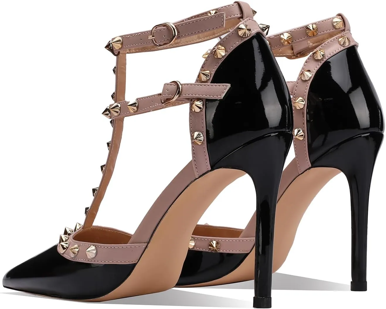 Womens Pointed Toe T-Trap Ankle Trap Hollow Buckle 3.9IN Stiletto High Heels Rivets Banquets Parties Dressy Sexy Closed Toe Pums