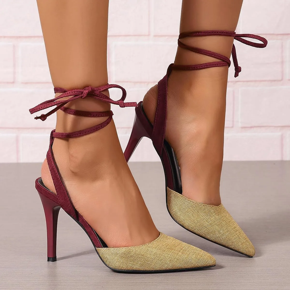 Women's Pumps Strappy High Heels Lace Up Stiletto Pointed Closed Toe Party Wedding Dress Shoes