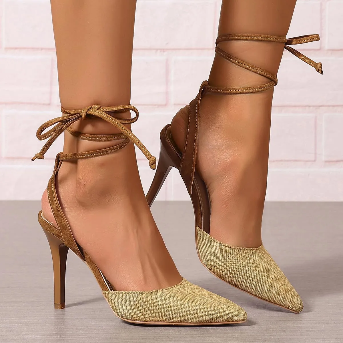 Women's Pumps Strappy High Heels Lace Up Stiletto Pointed Closed Toe Party Wedding Dress Shoes