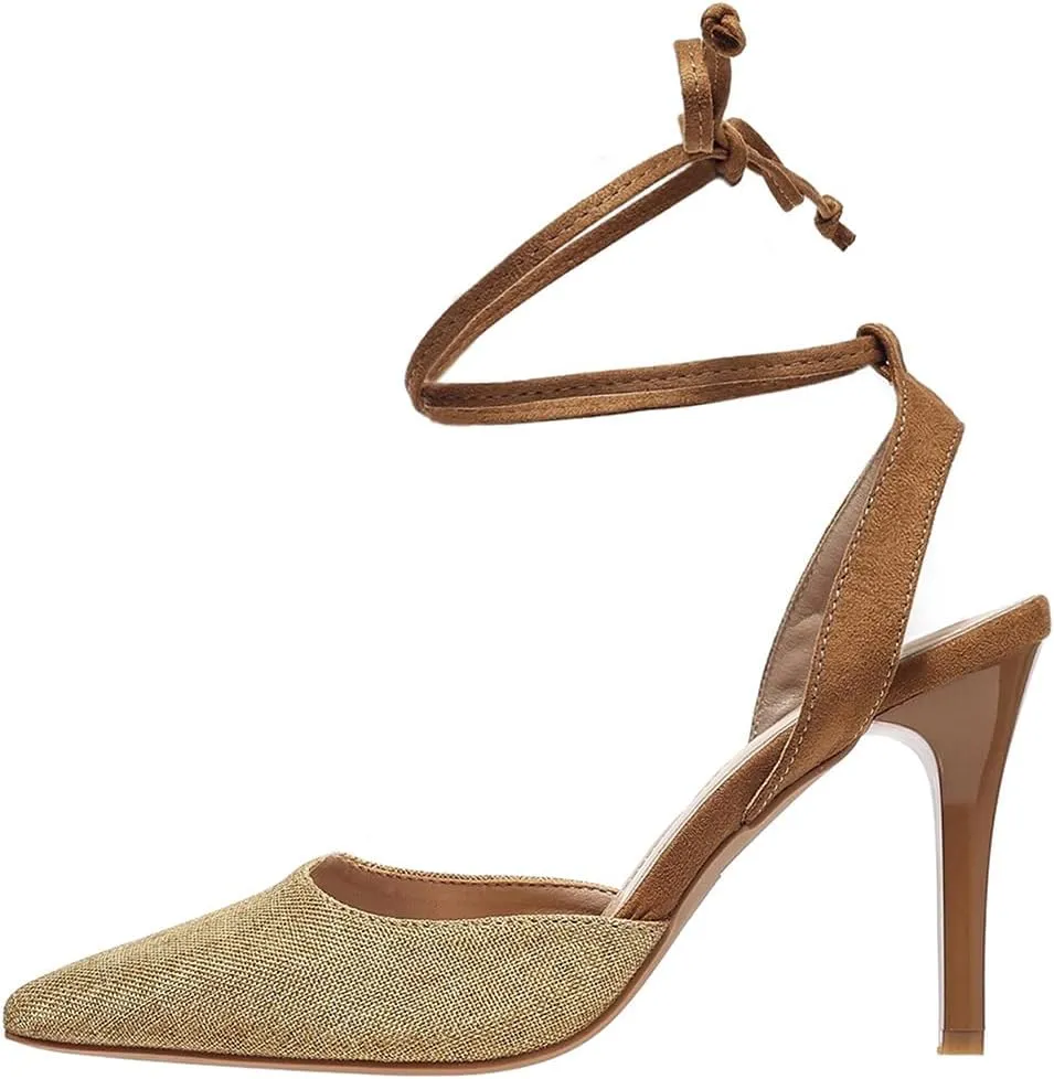 Women's Pumps Strappy High Heels Lace Up Stiletto Pointed Closed Toe Party Wedding Dress Shoes